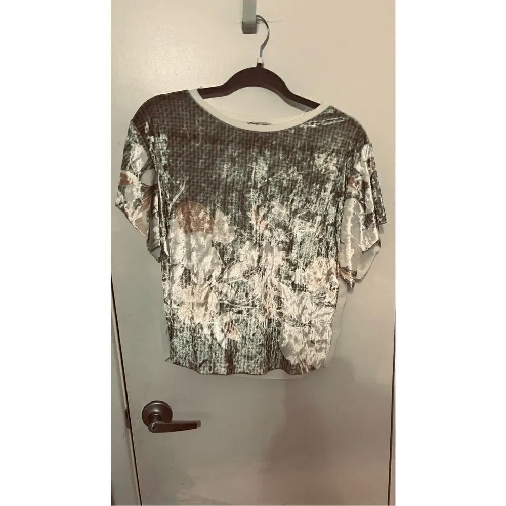 Zara Green Floral Velour Short Sleeve Crop Top Sz S